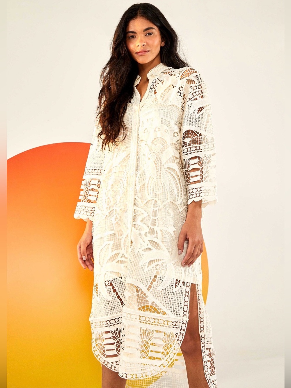 Farm Rio Guipure Ivory Lace Crochet Midi Dress Oversized Swim Coverup Size Small - Picture 1 of 10